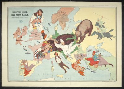 Karikaturkarte des europäischen Kriegsgebiets mit dem Titel 