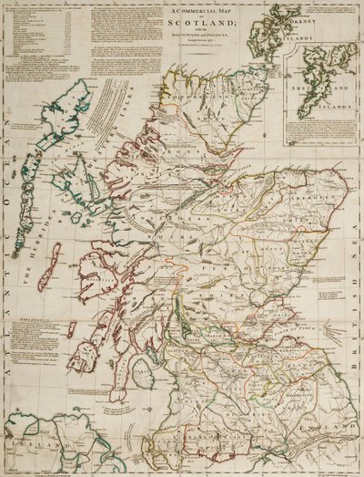 Eine kommerzielle Karte von Schottland mit den Straßen, Etappen und Entfernungen von J. Knox