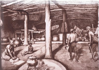 In einem Kaffir-Kraal, aus MacMillan-Schulpostern, ca. 1950-60er von J. Macfarlane