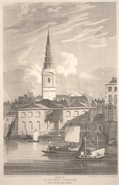 Ansicht der St. Brides Kirche, vom Fluss Thames aus gesehen (gestochen von Matthews) von John Preston Neale