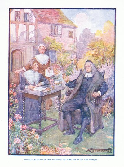 Milton sitzt in seinem Garten an der Tür seines Hauses, aus Englische Literatur, veröffentlicht von T C & EC Jack, ca. 1920 von J. R. Skelton