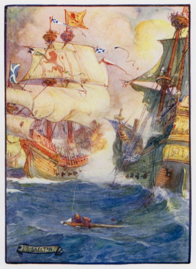 Schottischer Marinekapitän Sir Andrew Wood von Largo und seine beiden Schiffe Yellow Carvel und Flower besiegen vier englische Schiffe vor Dunbar, 1489 von J. R. Skelton