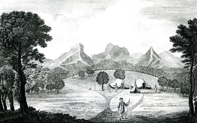 Ansicht des Kommodorzeltes auf der Insel Juan Fernandes, ca. 1745 (Gravur) von J. S. Mason