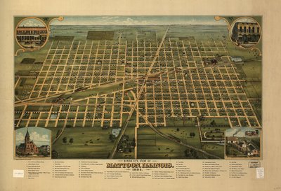 Vogelperspektive von Mattoon, Illinois 1884 von J. W. Shober and Carqueville Smith