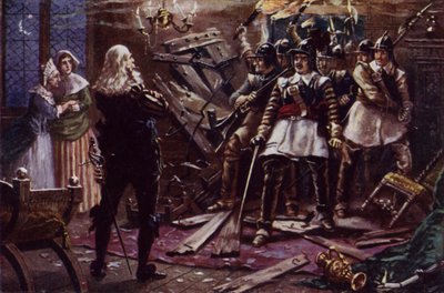 Oliver Cromwells parlamentarische Soldaten brechen in das Haus eines Unterstützers von König Karl I. ein von J. Williamson
