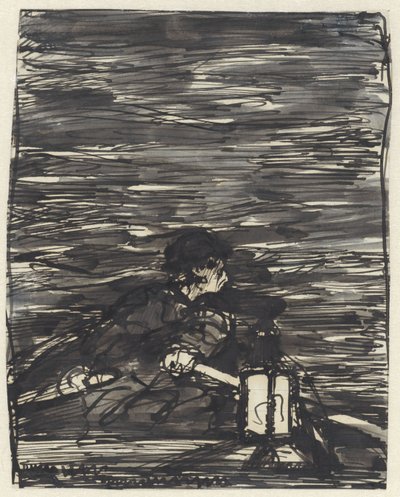 Ruderer in einem Boot mit Laterne bei Nacht von Jac van Looij