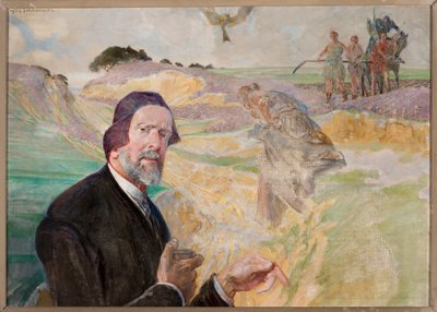Selbstporträt vor polnischer Straße von Jacek Malczewski