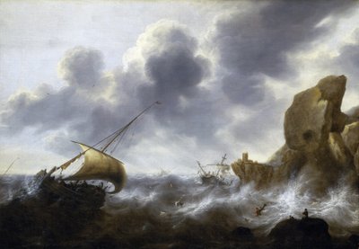 Ein Fischerboot im Sturm in der Nähe einer felsigen Küste, mit einem Schiffswrack von Jacob Adriaensz. Bellevois