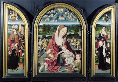 Jungfrau und Kind mit musizierenden Engeln und der Familie Sampsons-Coolen, Triptychon, 1500-1525 von Jacob Cornelisz van Oostsanen