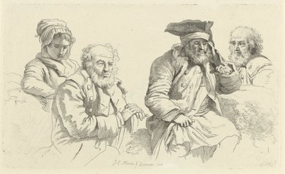 Studienblatt mit drei alten Männern und einer jungen Frau von Jacob Ernst Marcus
