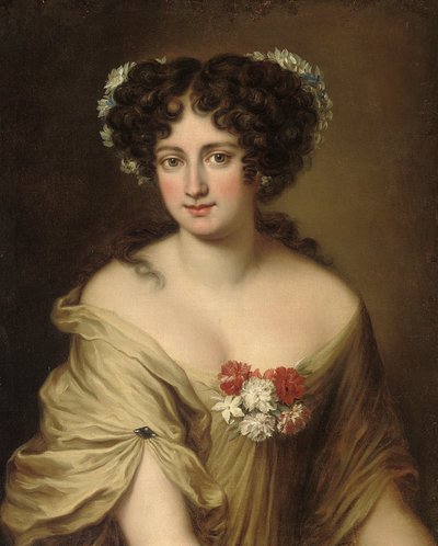Porträt von Contessa Ortensia Ianni Stella, Brustbild, in einer elfenbeinfarbenen Bluse, mit Blumen im Haar von Jacob Ferdinand Voet