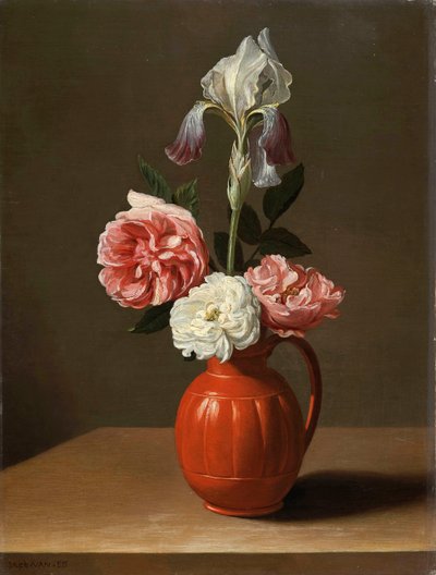 Ein Iris und drei Rosen in einem irdenen Topf, von Jacob Foppens van Es von Jacob  Foppens van Es