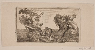 Neptun. Illustration zu Jacob Fosie, "Lære-Klude [...] eller Prøver paa Kaaber, Slibe, Grunde, Naale, Etz-Vand, Sverte, Viske, Lade og Trykke fra Aar 1741 til Aar 1743" von Jacob Fosie