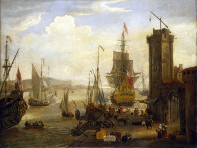 Szene von Aktivitäten an den Docks in einem britischen Hafen, englische und niederländische Schiffe laden Waren von Lagerhäusern und Geschäften auf die Docks und der Einlauf verschiedener Schiffe in den Hafen von Jacob Knyff