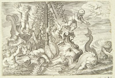 Die tyrrhenischen Seemänner werden in Delfine verwandelt von Jacob Matham