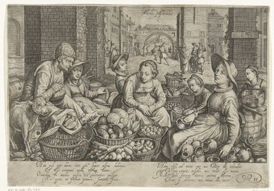 Marktszene mit der Parabel von den Arbeitern im Weinberg im Hintergrund, ca. 1600 von Jacob Matham