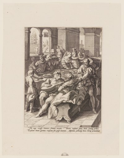 Der verlorene Sohn beim Festmahl mit Dirnen, aus Die Geschichte des verlorenen Sohnes von Jacob Matham