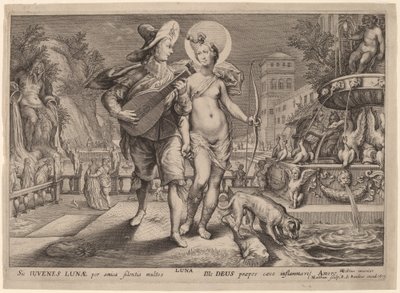 Diana als Luna begleitet einen jungen Mann beim Ständchen von Jacob Matham, after Hendrik Goltzius