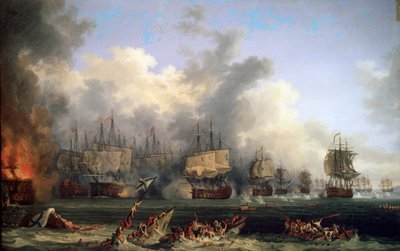 Der Untergang des russischen Schlachtschiffs St. Evstafius in der Seeschlacht von Chesma, 1771 von Jacob Philipp Hackert
