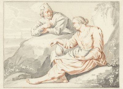 Frau mit einem Krug im Gespräch mit einem Mann von Jacob Toorenvliet