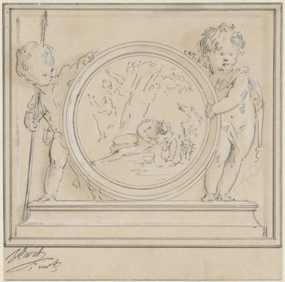 Zwei Putti mit Medaillon, darin Narziss und Echo von Jacob de Wit