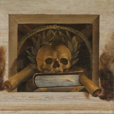 Vanitas-Stillleben mit Schädel mit Lorbeerkranz, Buch und zwei brennenden Kerzen von Jacob van Campen
