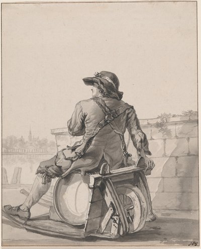 Mann sitzt auf einem Fass auf einer Schubkarre von Jacob van Strij