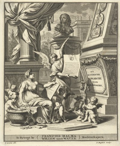 Titelblatt für A. Bogaert, De roomsche monarchy, vertoont in de muntbeelden der westersche en oostersche keizeren, Utrecht 1697 von Jacobus Baptist