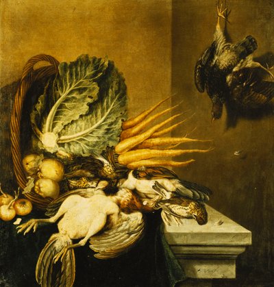 Ein umgestürzter Korb mit Geflügel, Rüben, Äpfeln, Zwiebeln und einem Kohl auf einem mit einem grünen Tuch drapierten Sims von Jacobus Biltius