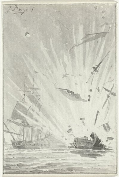Explosion des niederländischen Kaperschiffs De Dappere Patriot im Kampf mit dem englischen Schiff Kameleon, 14. August 1781 von Jacobus Buys