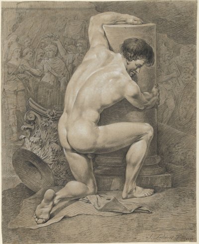 Kniender männlicher Akt, nach rechts die Arme um eine Säule von Jacobus Johannes Lauwers