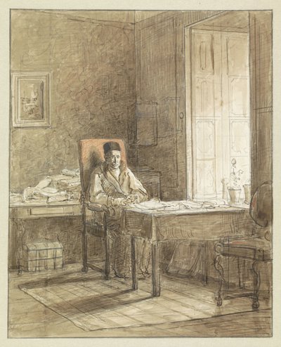 Porträt von Gerrit Lamberts, sitzend in einem Lehnstuhl im Druckkabinett von Jacobus Ludovicus Cornet