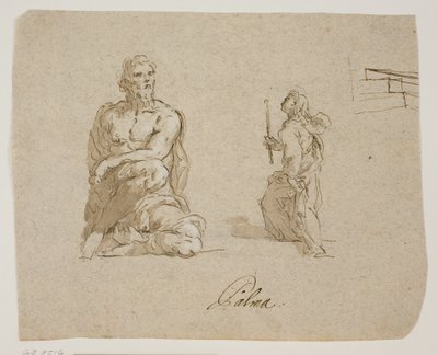 Kniender Mann, Mädchen mit Kerze auf Treppen (die Jungfrau betritt den Tempel), Perspektivskizze für die Treppen von Jacopo Palma