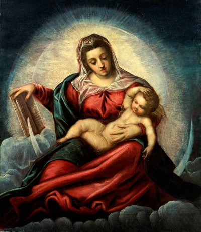 Die Madonna und das Kind in einer Mandorla auf einer Mondsichel und Wolken, mit dem Buch der Weisheit von Jacopo Robusti Tintoretto