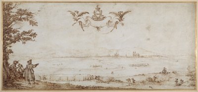 Ansicht von Toul über die Ebene, Landschaft mit Figuren, der Himmel mit den Armen der Porcellets von Jacques Callot