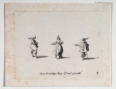 Eine Dame mit ausgestreckter Hand und zwei Kavaliere, aus von Jacques Callot