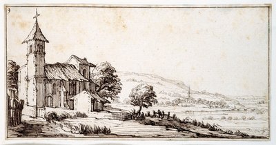 Eine Flusslandschaft nahe Nancy, mit der Dorfkirche von Maxeville und einer anderen im mittleren Abstand, aus einem Album von Israel Silvestre, ca. 1630 von Jacques Callot