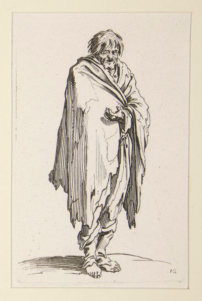 Barhäuptiger Bettler mit unbeschuhten Füßen, aus Die Bettler (Le mendiant à la tête découverte et aux pieds nus) von Jacques Callot