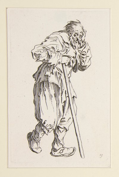 Bettler, der sich auf einen Stock stützt, aus Die Bettler (Le gueux appuyé sur un bâton) von Jacques Callot