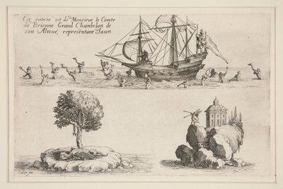 Kampf an der Barriere, dieser Eintritt gehört Monsieur le Comte de Brionne, Großkämmerer seiner Hoheit, darstellend Jason von Jacques Callot