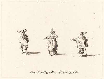 Dame mit ausgestrecktem Arm und zwei Herren, wahrscheinlich 1634 von Jacques Callot