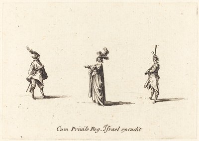 Dame mit Federhut und zwei Herren, wahrscheinlich 1634 von Jacques Callot