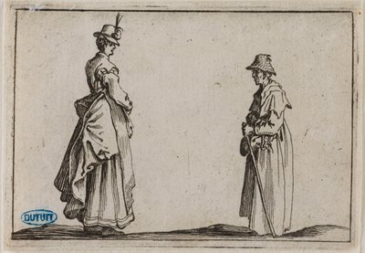 Die Launen, Zwei Frauen im Profil. Neunzehnte Nummer der Suite von 50 Stücken, in Florenz graviert von Jacques Callot