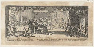 Plünderung eines Bauernhofes, Blatt 5 der Folge "Grauen des Krieges" von Jacques Callot