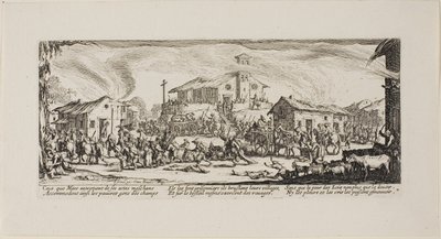 Plünderung und Brand eines Dorfes, Platte sieben aus Die Leiden des Krieges von Jacques Callot