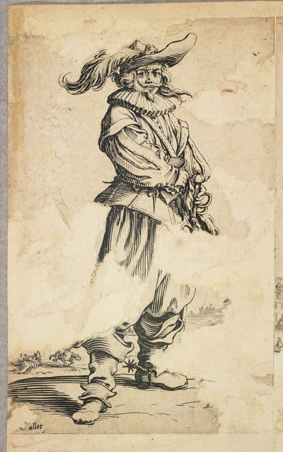 Soldat mit Federhut, aus La Noblesse de Lorraine (verso), ca. 1620-23 von Jacques Callot