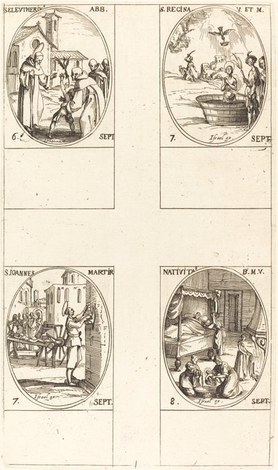 St. Eleutherius, Abt; St. Regina; St. Johannes; Die Geburt der Jungfrau von Jacques Callot
