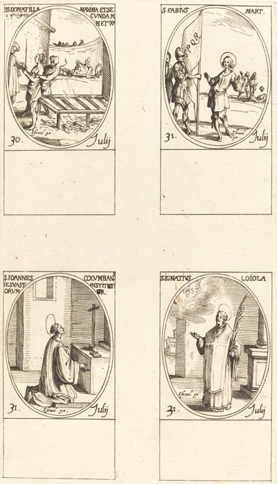 Heilige Donatilla, Maxima & Secunda; Heiliger Fabius; Heiliger Johannes Colombini; Heiliger Ignatius von Loyola von Jacques Callot