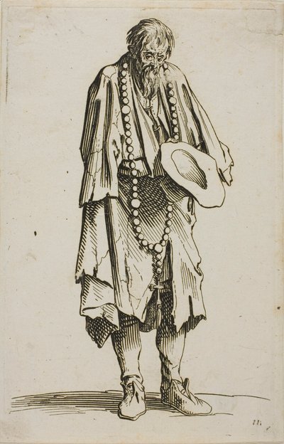 Der Bettler mit einem Rosenkranz, Tafel elf aus Die Bettler von Jacques Callot