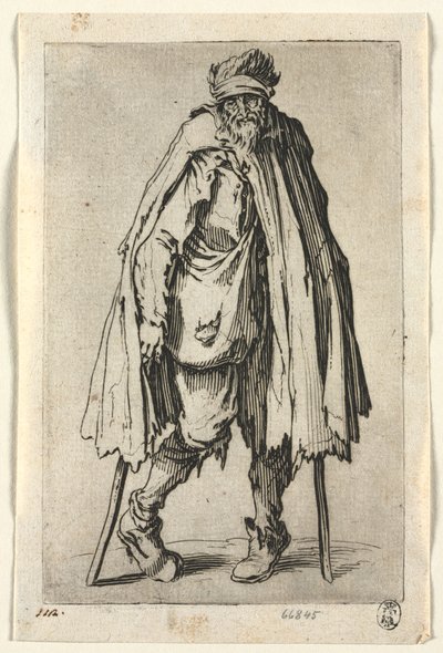 Die Bettler: Bettler auf Krücken mit einem Beutel von Jacques Callot